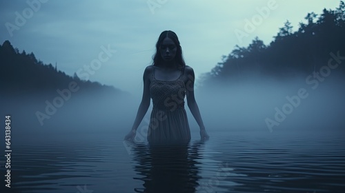 Model showcasing a chilling phantom look, hovering over a mist-covered lake