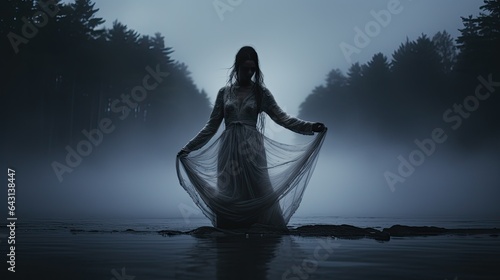 Fototapeta Naklejka Na Ścianę i Meble -  Model showcasing a chilling phantom look, hovering over a mist-covered lake