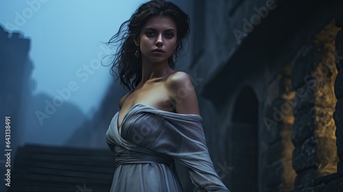 Model showcasing an ethereal banshee look, set against a backdrop of ancient ruins