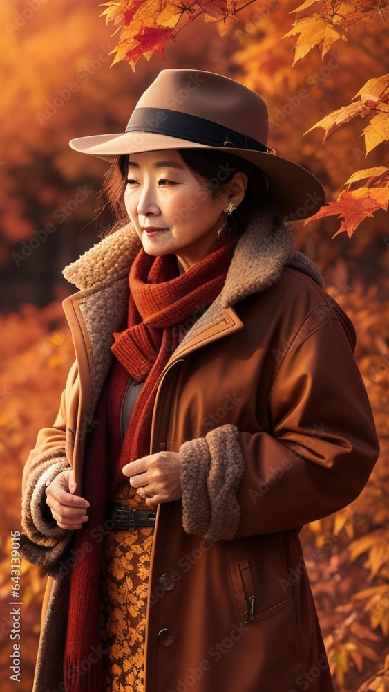 A stunningly realistic image showcasing a fashionable 
woman dressed in the latest autumn attire.