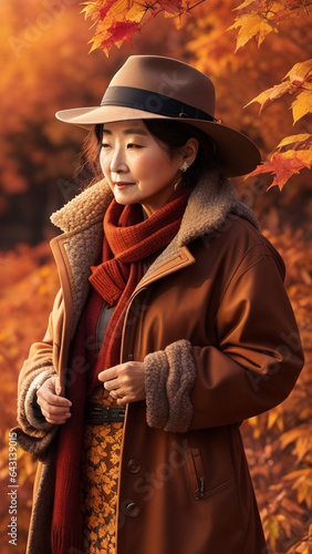 A stunningly realistic image showcasing a fashionable  woman dressed in the latest autumn attire.