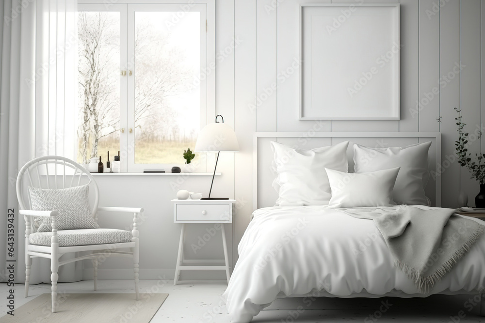 Scandinavian-style white bedroom with mockup frames,. Generative AI