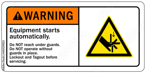Machinery service instruction sign and labels equipment start automatically. Lockout and tagout before servicing