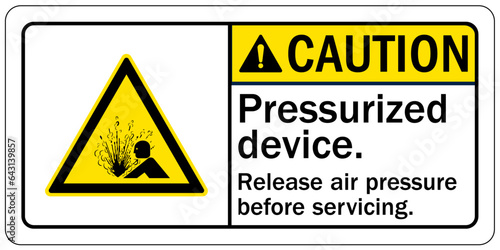 Machinery service instruction sign and labels pressurized device. Release air pressure before servicing