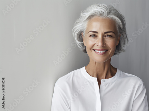 Canvastavla eine ältere Dame vor weißem Hintergrund mit grauen Haaren und hellem Oberteil lä