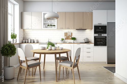 Kitchen in the Scandinavian design with white cabinets  hardwood floors  white worktops  and a table and chairs. a side view. Generative AI