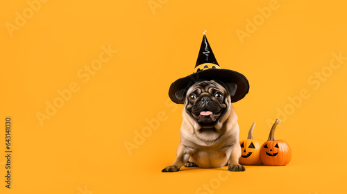 Cute dog in halloween witch hat on orange background