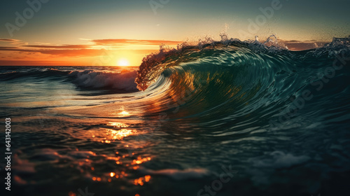 Colorful Ocean Wave. Sea water in crest shape. Sunset light and beautiful clouds on background.