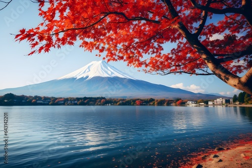Fuji mountain with lake and fall tree. Autumn season.
