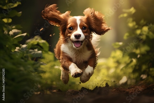 Cute puppy dog running in garden.