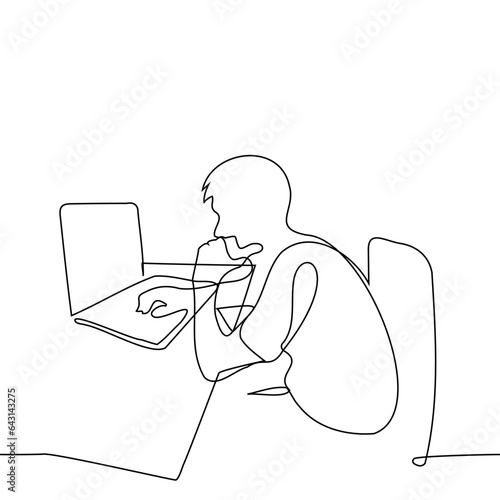 man sitting at laptop heavily hunched over - one line art vector. the concept of incorrect posture, work injury during sedentary work