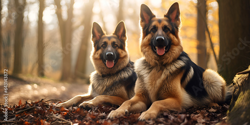 Two beautiful German Shepherd Dogs with tongue hanging in the forest photo