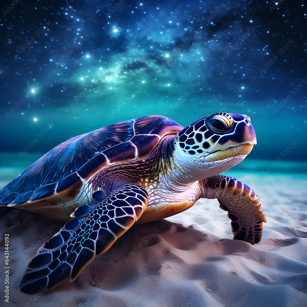 Fototapeta premium Sea Turtle in Hawaii at night with stars and the Milky Way galaxy in the background. Travel and ocean life concept. Generative ai. 