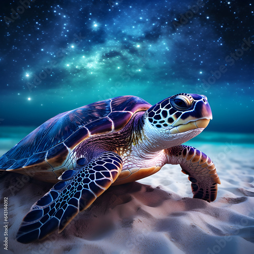 Sea Turtle in Hawaii at night with stars and the Milky Way galaxy in the background.  Travel and ocean life concept. Generative ai. 
