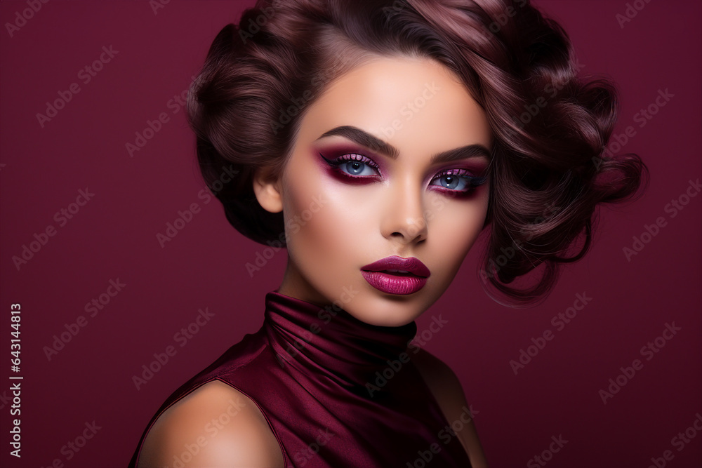 Generative AI portrait of fashion model brunette hair vogue vivid makeup over red maroon backdrop Generative AI portrait of fashion model brunette hair vogue vivid makeup over red maroon backdrop