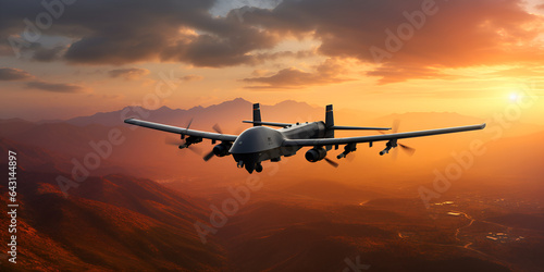Unmanned military drone airplane flies against backdrop of beautiful sunset sky is orange with clouds and condensation traces