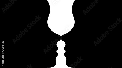 Optical illusion, two black silhouettes of faces in profile and a white silhouette of a goblet. Vector. Gestalt psychology test. Educational games, psychological books, tests, psychology.