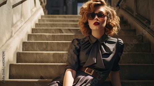 Model seated on urban stairs, sporting a beanie and layered necklaces, with bustling city life behind.