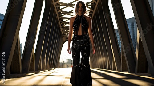Model under a city bridge, in edgy attire, with architectural lines leading towards her.