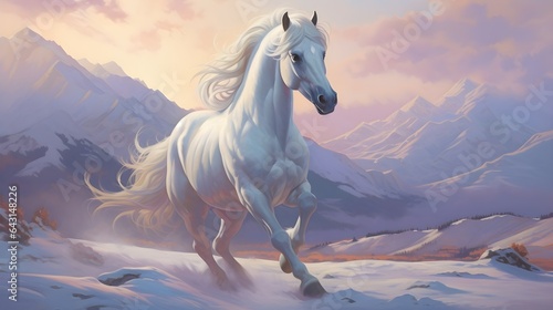 Pink Sky over the Snowy Mountains with a White Horse in Action. Generative AI