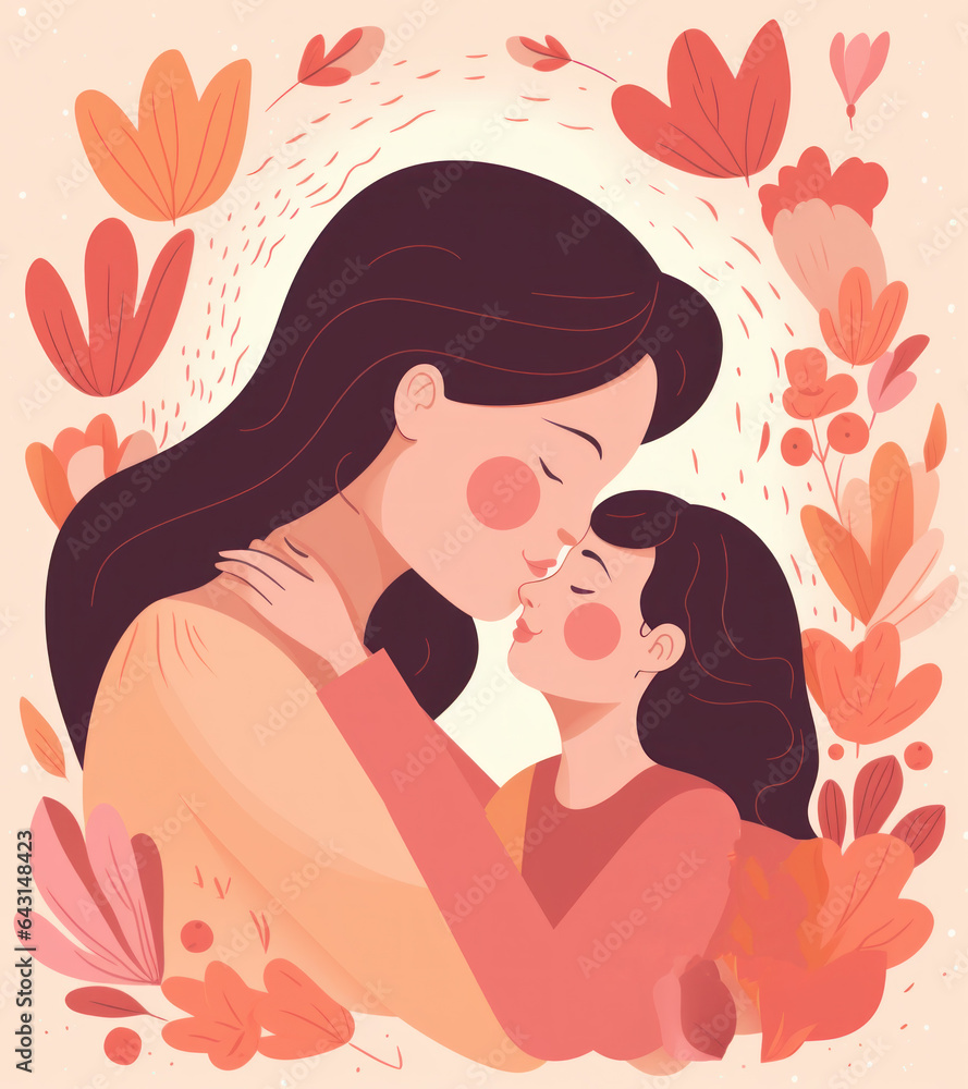 Flat style illustration of mother and daughter embracing with floral border Flat style illustration of mother and daughter embracing with floral border