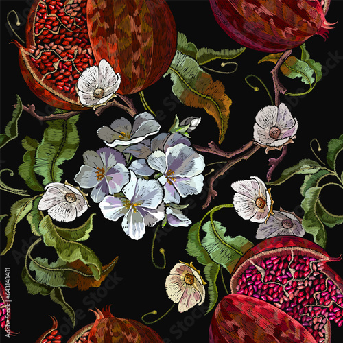 Autumn garden pattern. Ripened pomegranate fruits and white apple flowers. Harvest fall art. Botanical background. Fashion template for clothes, t-shirt design, textile