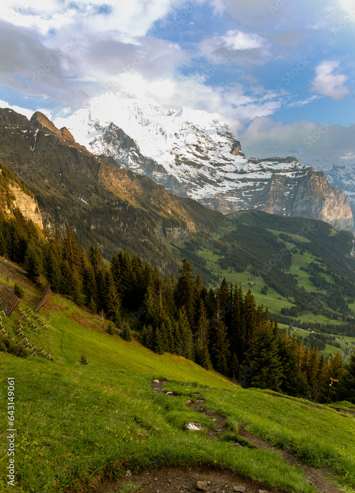 The Swiss Alps with Buildings Sitting Along the Hills and Mountains in the background in Switzerland in Summer