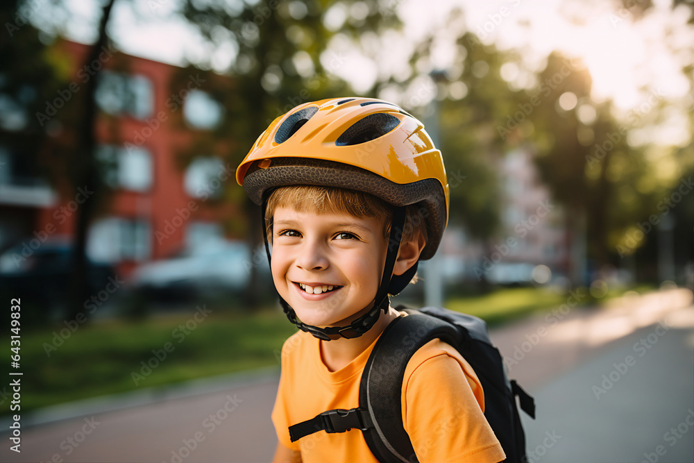 Photography of cheerful happy kid on bicycle riding to school city streets having fun outdoors generative ai Photography of cheerful happy kid on bicycle riding to school city streets having fun outdoors generative ai