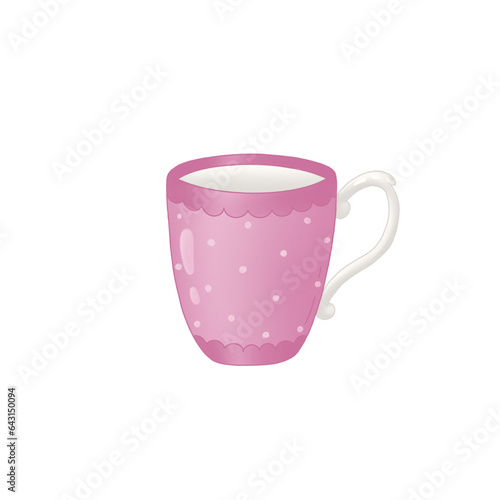 pink cup isolated on white  cup of tea or coffee  kitchen illustration  digital drawing   cup white dots 