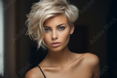 Generative AI picture portrait of young beautiful woman with short haircut styling