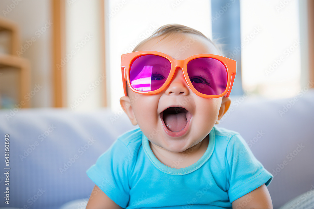 Picture of nice cheerful cute baby in big fashionable colorful glasses having fun good mood generative AI technology Picture of nice cheerful cute baby in big fashionable colorful glasses having fun good mood generative AI technology