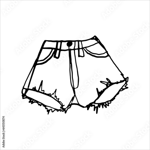 Denim women's shorts with a high waist drawn by hand. Black and white vector illustration.