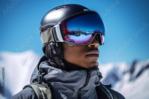 Generative AI photography of happy man wear sunglasses spending weekend at ski resort winter holiday concept