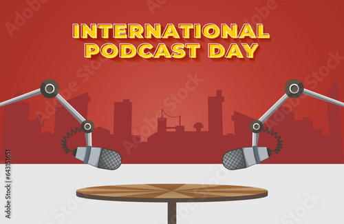 International Podcast Day Vector Illustration on September 30th. Microphone with City Silhouette Background for Social Media and Posters.