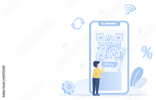Mobile banking and digital wallet concept. Easy payment, online QR code, scanning pay and click, exchange currency. Flat vector design illustration with copy space.