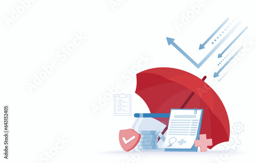 Health insurance and protect concept. The umbrella reflecting arrow healthcare, financial, medical service, goal plan, insurance, assurance, claim document. Flat vector illustration with copy space.