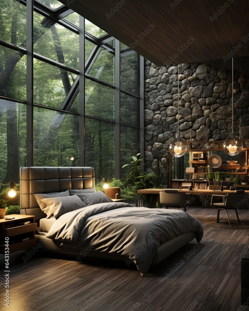 Luxurious Bedroom with Stone Wall and Garden View