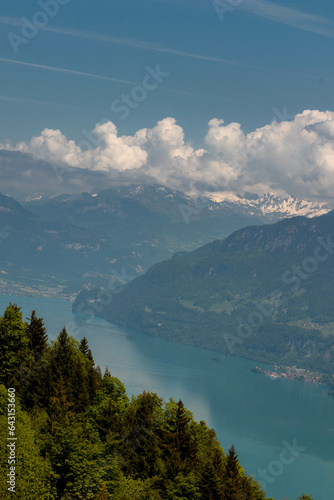The Swiss Alps with Buildings Sitting Along the Hills and Mountains and a Lake in the background in Switzerland in Summer © suraju