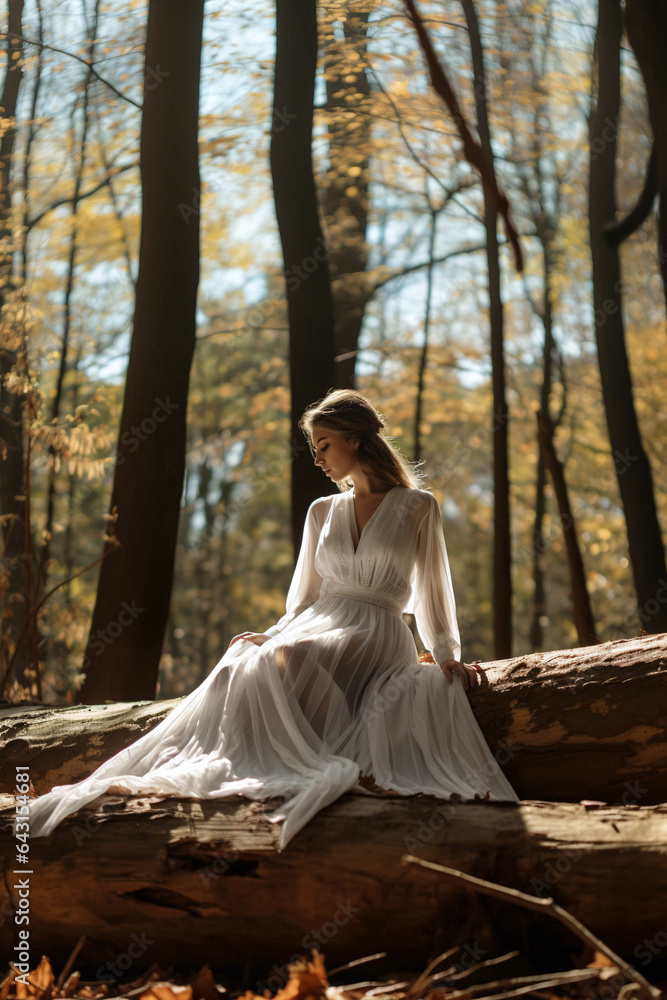 woman in a wide white dress sitting on a wood cut in am autumn tree forest woman in a wide white dress sitting on a wood cut in am autumn tree forest