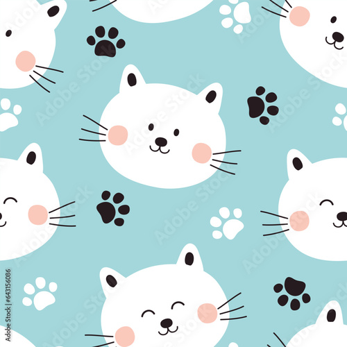 Cat seamless pattern. Vector illustration with cute cats and footprint paws. It can be used for wallpapers, wrappers, cards, patterns for clothes and others.