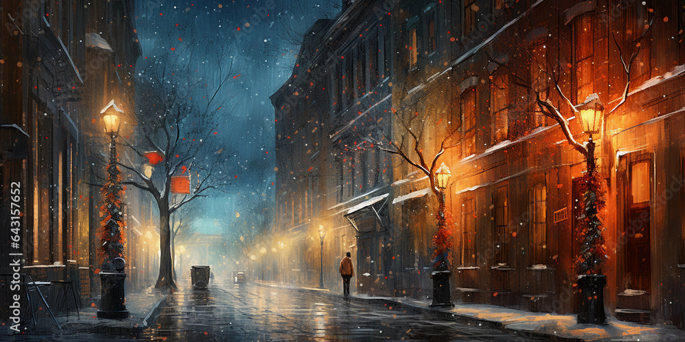 Fototapeta premium Snowstorm at night in a cityscape, high - rise buildings barely visible through the blizzard, streetlights casting a warm glow