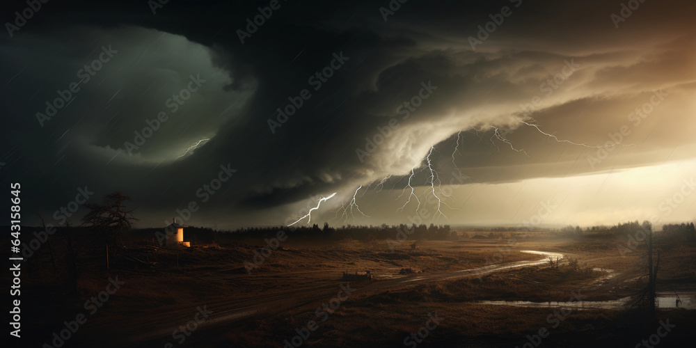 Whirling tornado, surreal art, desolate landscape, destruction, dark and stormy, digital painting, dramatic sky, cinematic tone