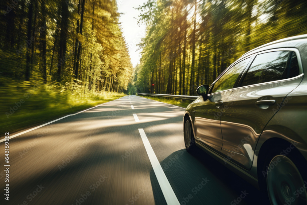Car is driving on country road with motion blur effect. Modern car is moving at high speed in natural landscape