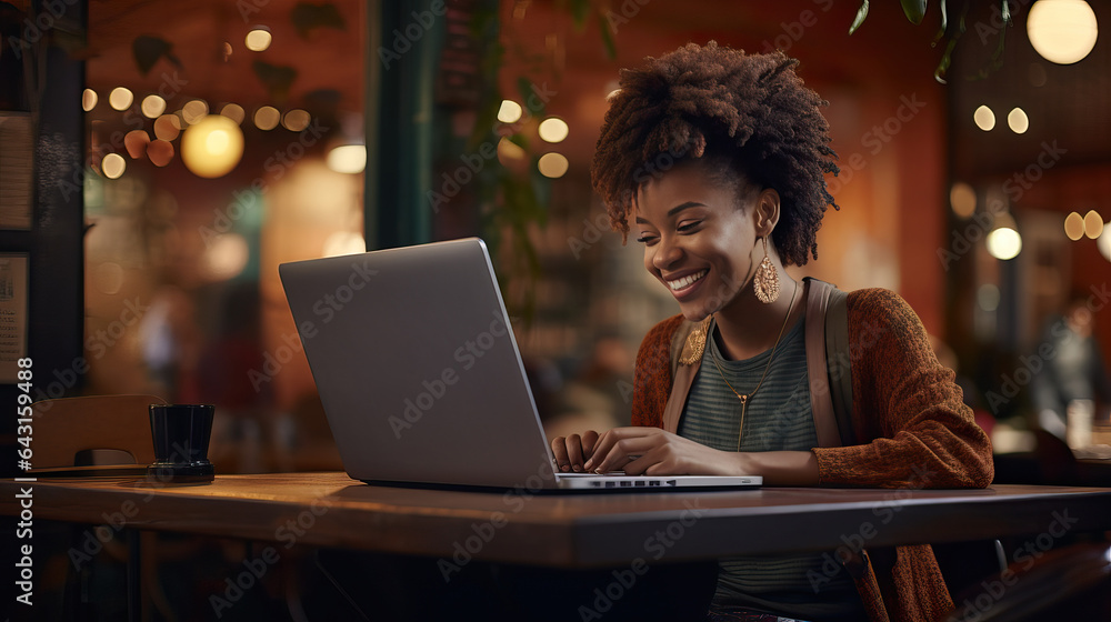 Young black woman smiling, working remotely on her laptop at a cafe Young black woman smiling, working remotely on her laptop at a cafe