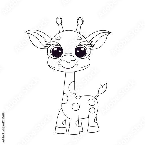 Vector outline illustration, developing coloring page, digital sketch. Cute funny baby giraffe with big eyes on isolated white background.
