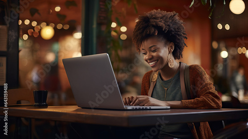 Young black woman smiling, working remotely on her laptop at a cafe