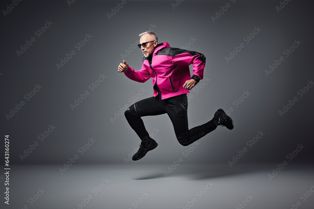 A handsome and athletic mature man jumps on a gray background in a stylish outfit