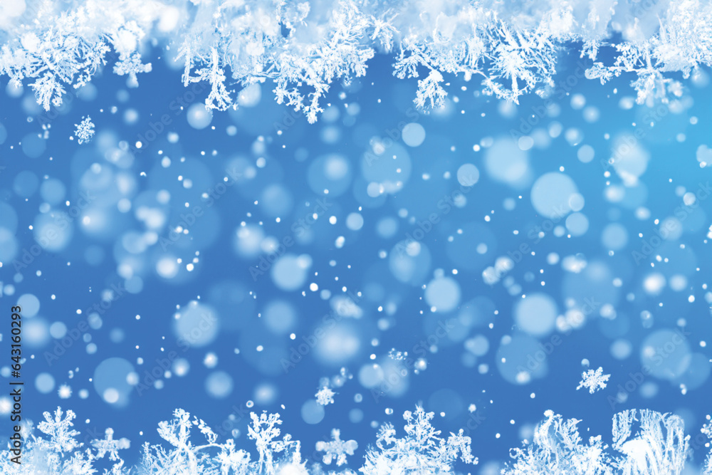Winter themed background illustration with floating ice crystals and snowflakes.