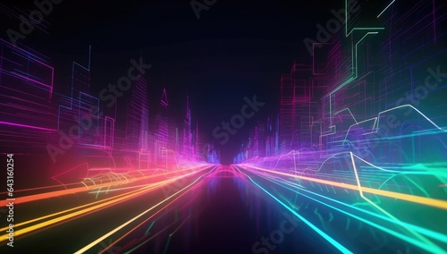 A futuristic city with neon lights and buildings in a dark background.