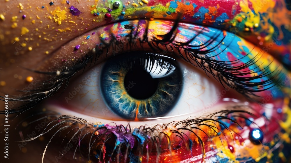 Enigmatic Gaze: A Mesmerizing Close-Up of an Eye Surrounded by Kaleidoscopic Paint Splatters, Illuminated by Ring Lights
